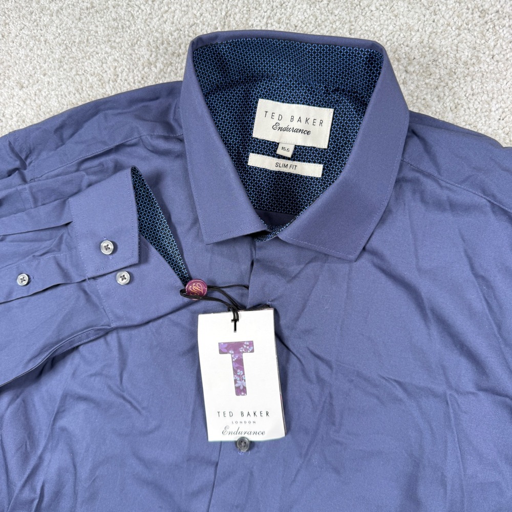 Ted Baker Dress Shirt Men 15.5 Navy Blue Endurance Slim Fit Cotton Stretch